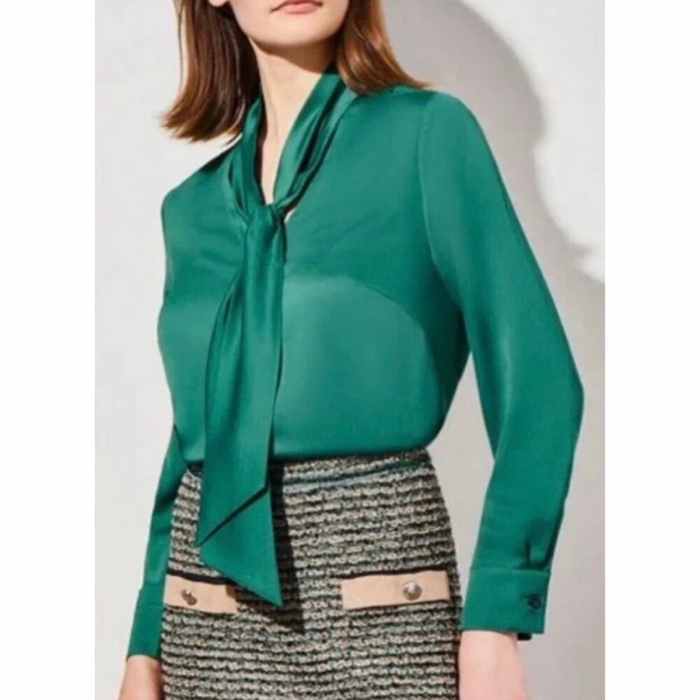NWT Ming Wang Button Down Emerald Green Tie Long Sleeve Blouse
